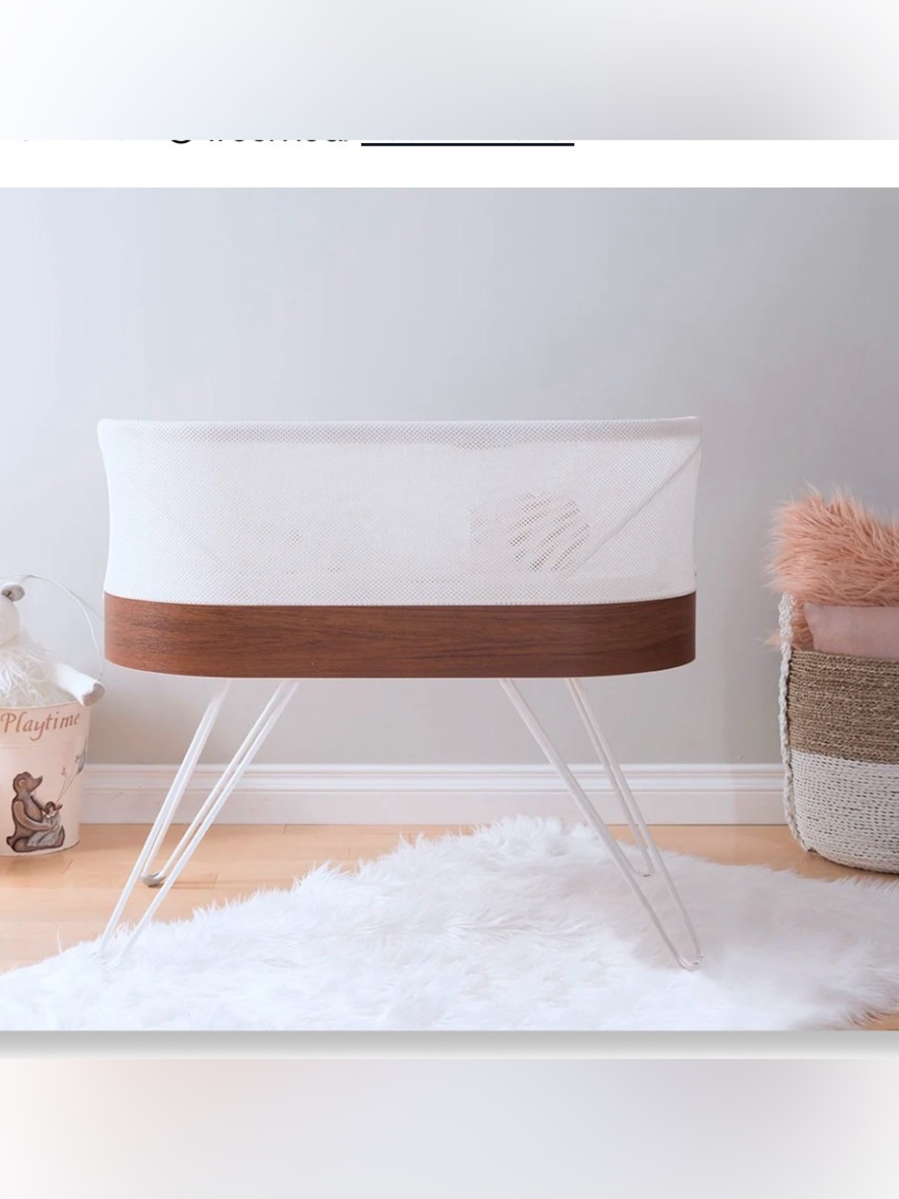 White and Wood Baby Bassinet with White Legs